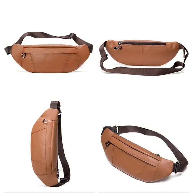 Soft Genuine Leather Adjustable Strap Earphone Jack Multi-Pocket Chest Bag