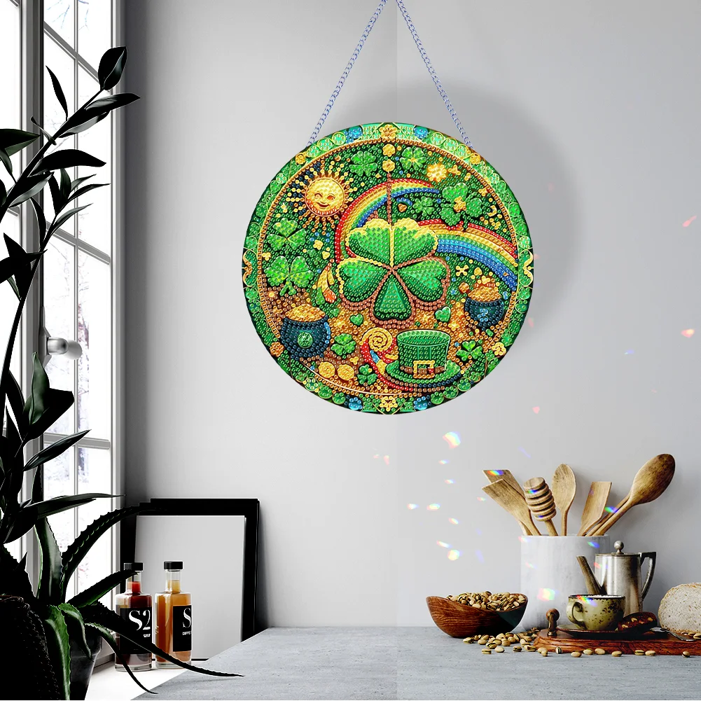 St Patrick Lucky Clover 5D DIY Diamond Painting Dots Pendant for Home Wall Decor