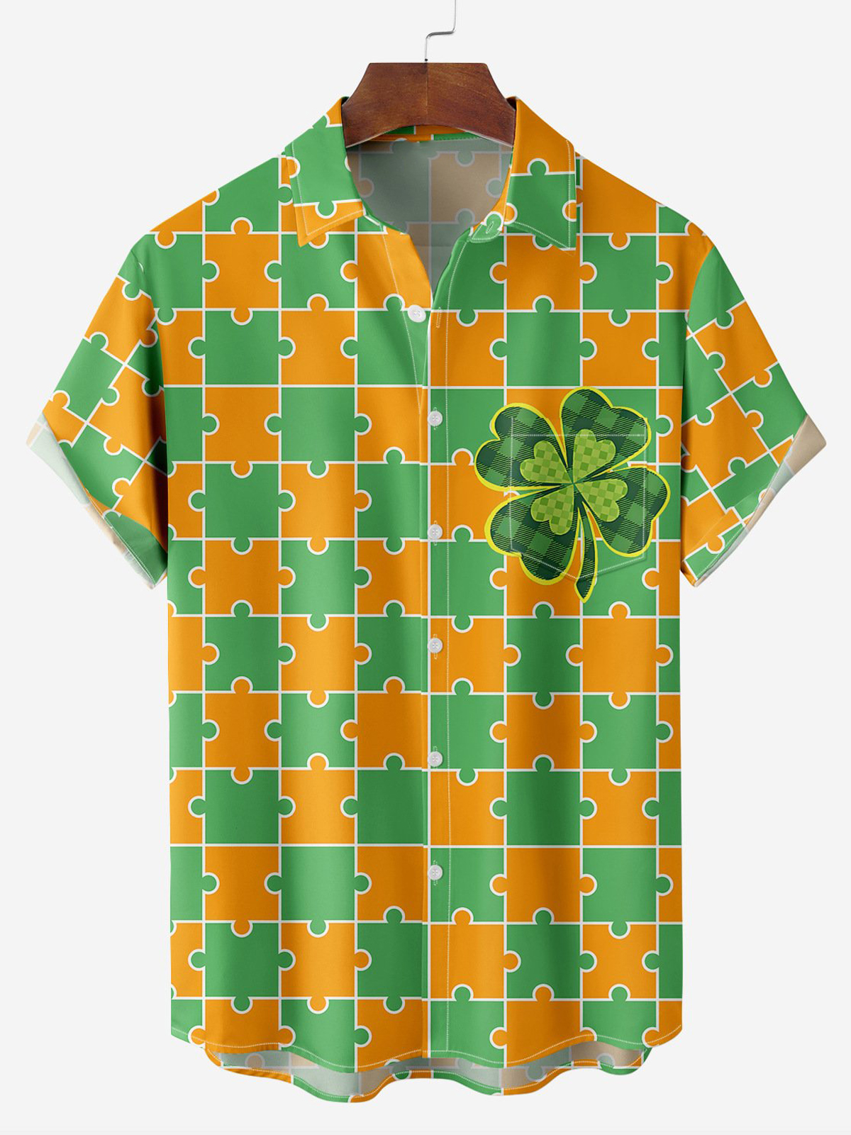 St. Patrick's Day Four Leaf Clover Short Sleeve Casual Shirt PLUSCLOTHESMAN