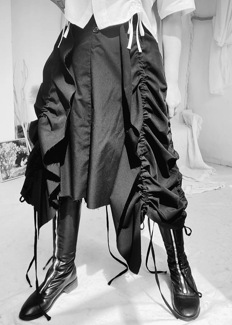 Beautiful Black Asymmetrical Drawstring Low High Design Skirts Fall