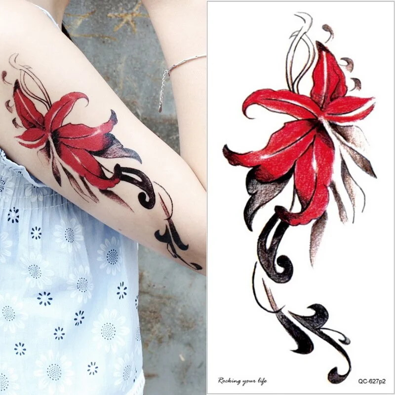 Waterproof Temporary Tattoo Sticker Rose Flowers Leave Flash Tattoos Body Art Arm Fake Sleeve Tatoo Black Women Girls Wrist