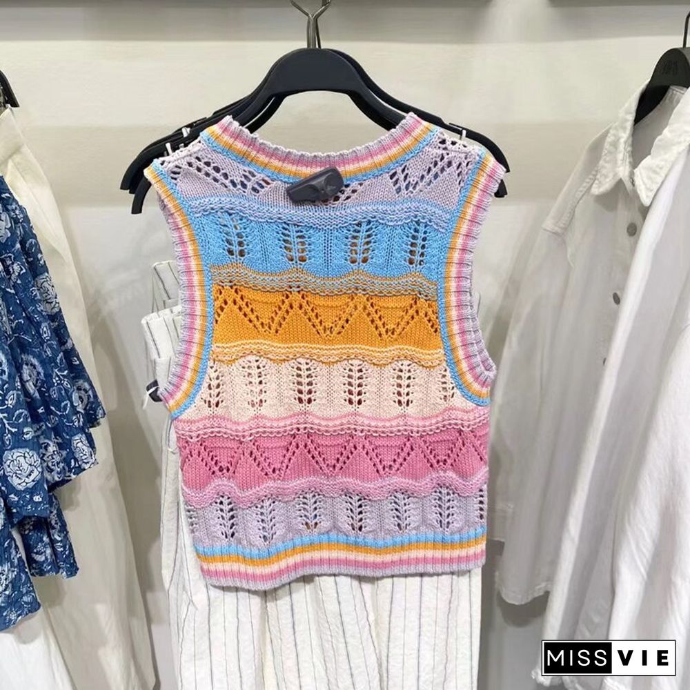 New Women Sweet Fashion Rainbow Striped Crochet Top Vest Sweater Female Retro O-neck Sleeveless Chic Casual Top