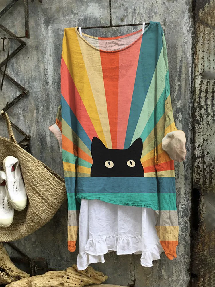 Rainbow Cat Print Linen Flowy Blend Tunic
