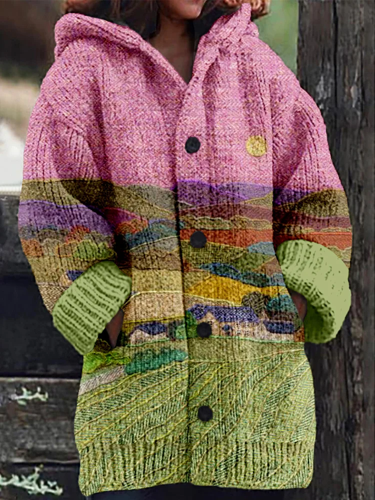 VChics Farm Landscape Felt Art Pattern Cozy Hooded Cardigan