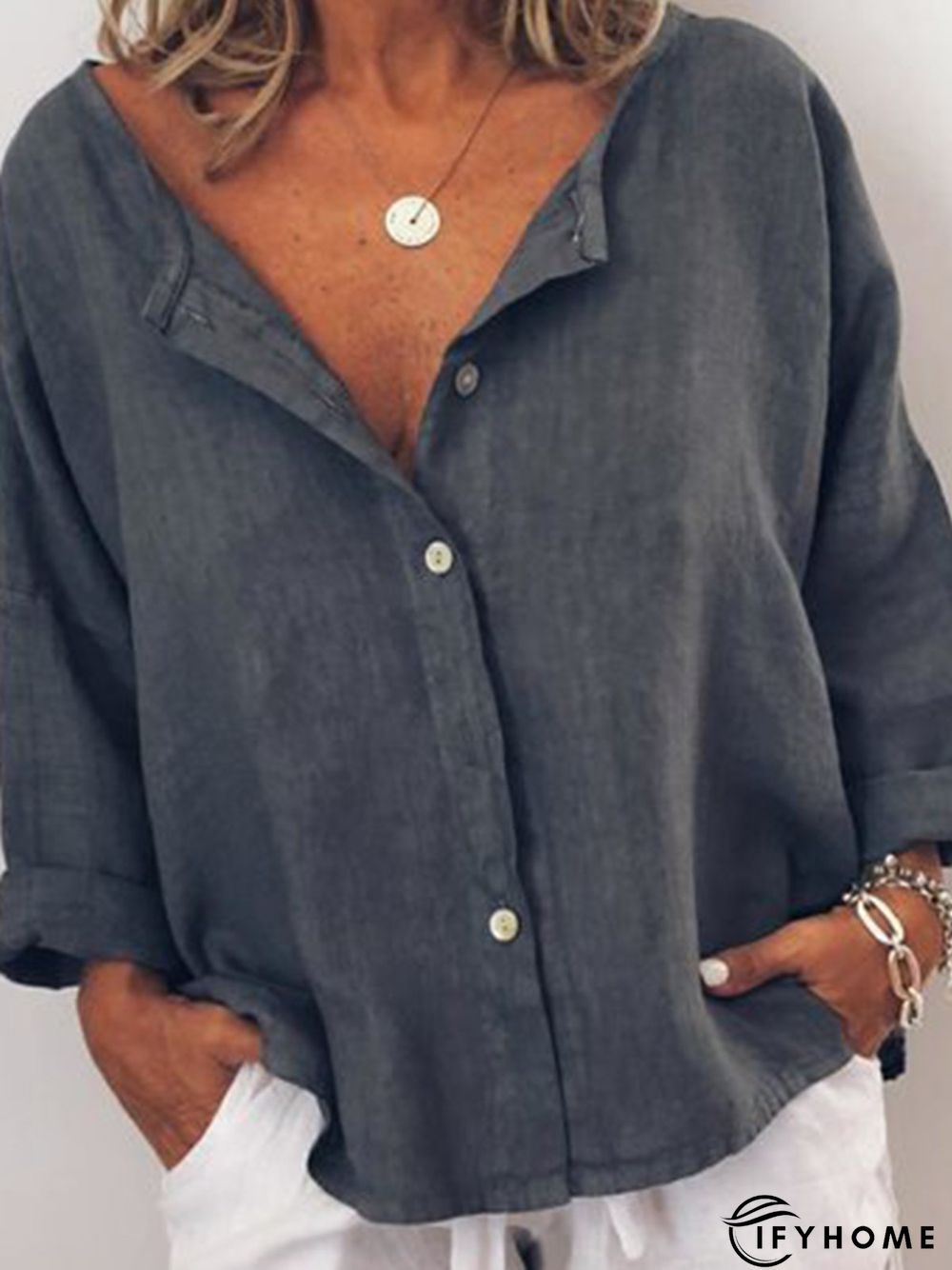 Women Casual Solid V Neck Cotton Long Sleeve Buttoned Tunic Top | IFYHOME