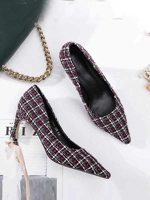 Fashion pointed soft plaid high heels women's single shoes