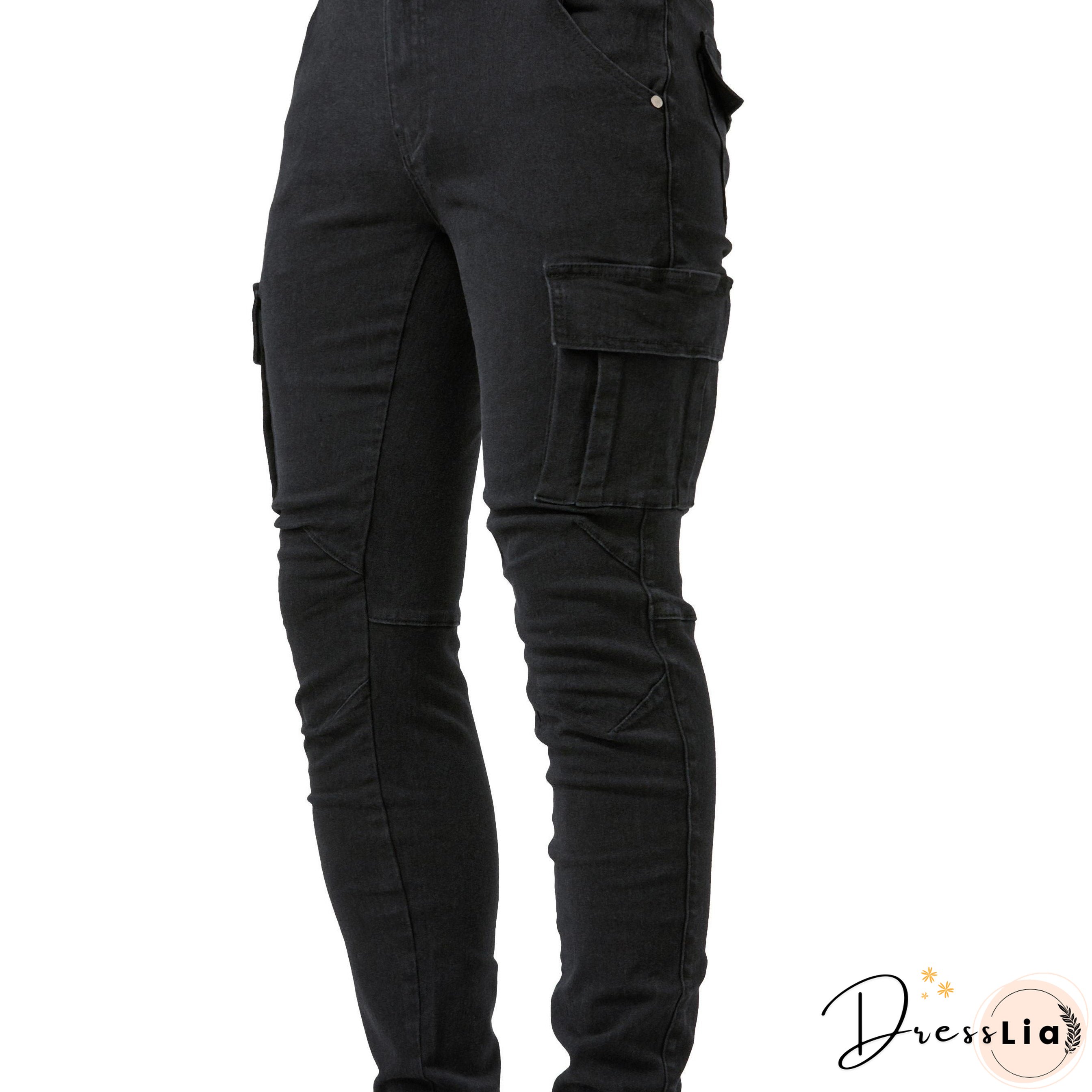 Slim Fit Multi Pocket Jeans, Men's Casual Street Style High Stretch Denim Cargo Pants