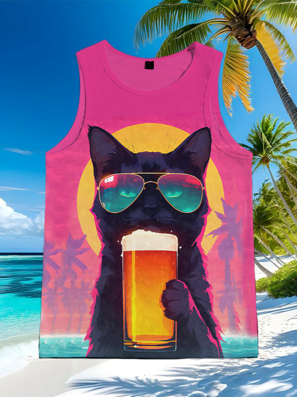 Men's Black Cat Drinking Beer Vacation Art Print Tank Top