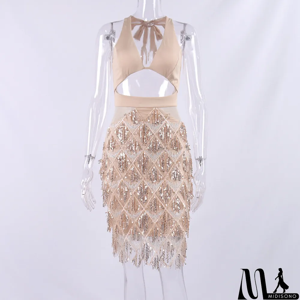 MidiSono - Autumn/Winter Halter Neck Sexy V-Neck Sequined Tassel Hollow Out Low Back Party Dress