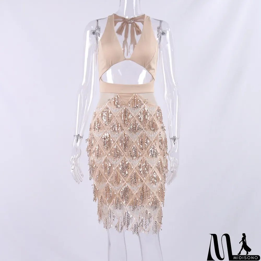 MidiSono - Autumn/Winter Halter Neck Sexy V-Neck Sequined Tassel Hollow Out Low Back Party Dress