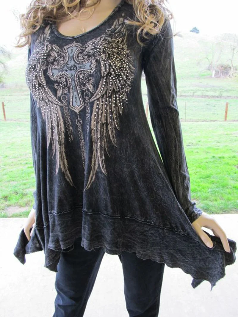 Round neck long sleeve loose hem printed punk T-shirt
