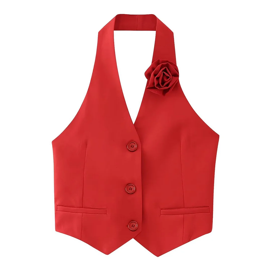 Toloer Toloer 2024 New Women's Flower Decoration Hanging Neck Solid Color Vest Wrap Hip Flower Skirt Suit-Outfit Ideas