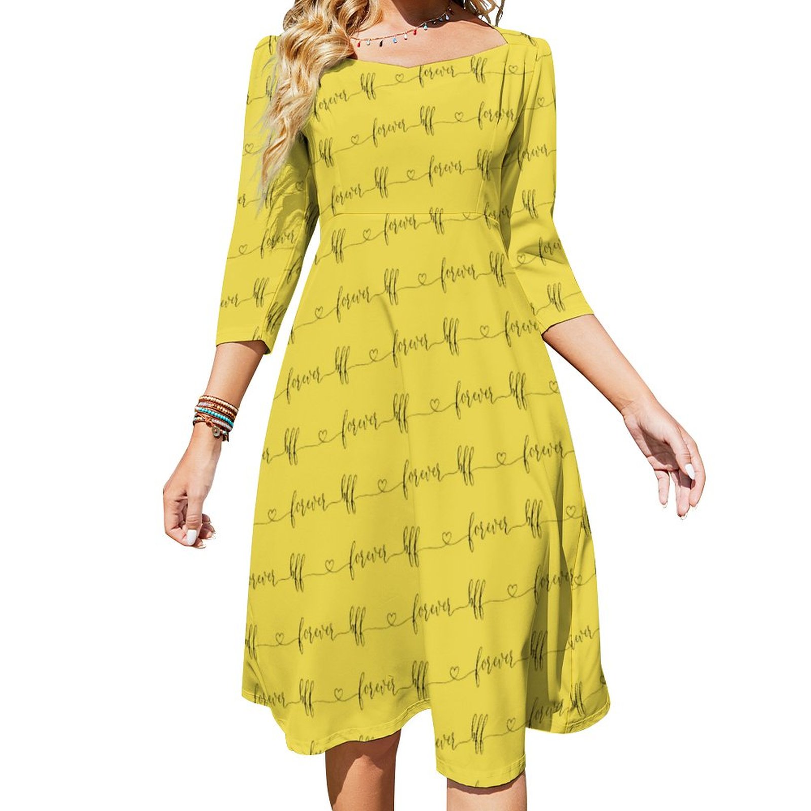 Cool Gray Yellow Bff Forever Script Heart Pattern Dress Sweetheart Tie Back Flared 3/4 Sleeve Midi Dresses