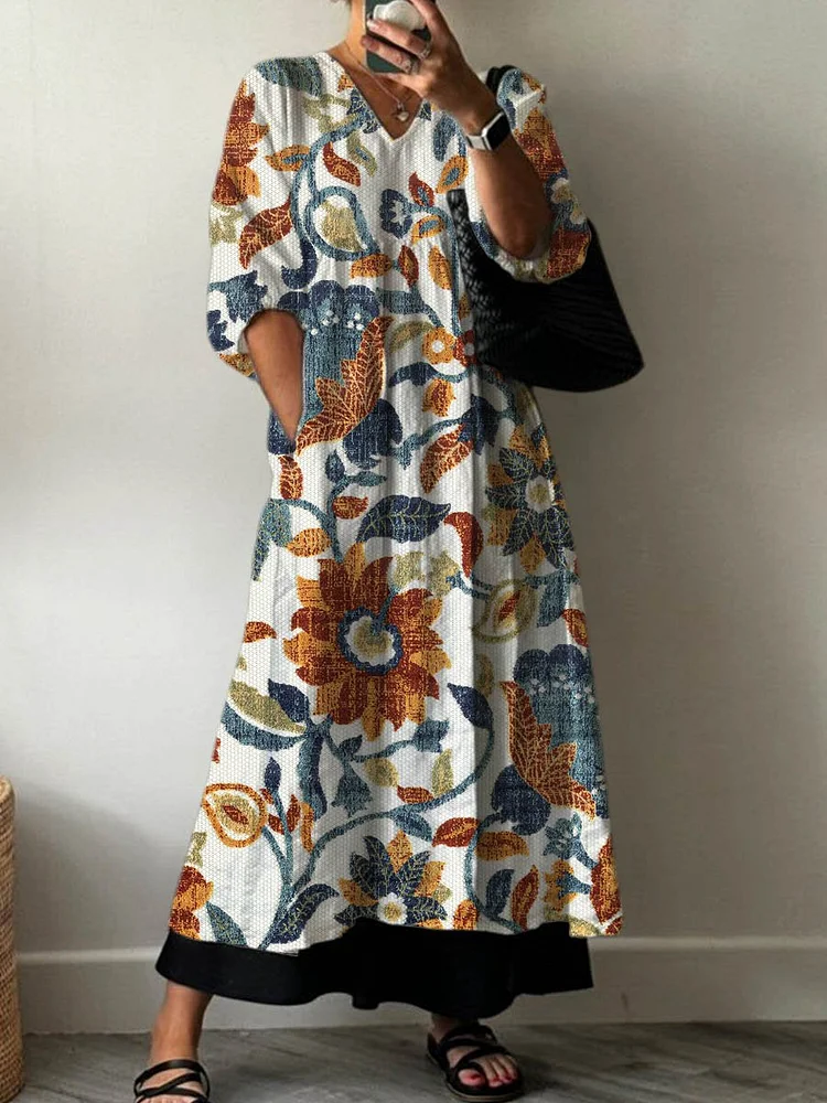 Women's Vintage Lovely Floral Art Print Pocket V-neck Cotton Dress