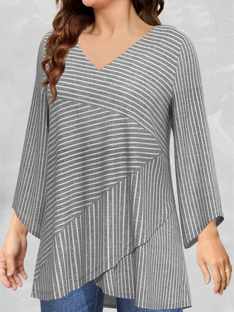 Women Asymmetrical Long Sleeve V-neck Striped Graphic Top