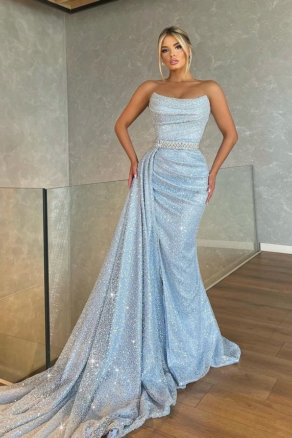 Baby Blue Strapless Sleeveless Beadings Mermaid Prom Dress With Sequins PD0817