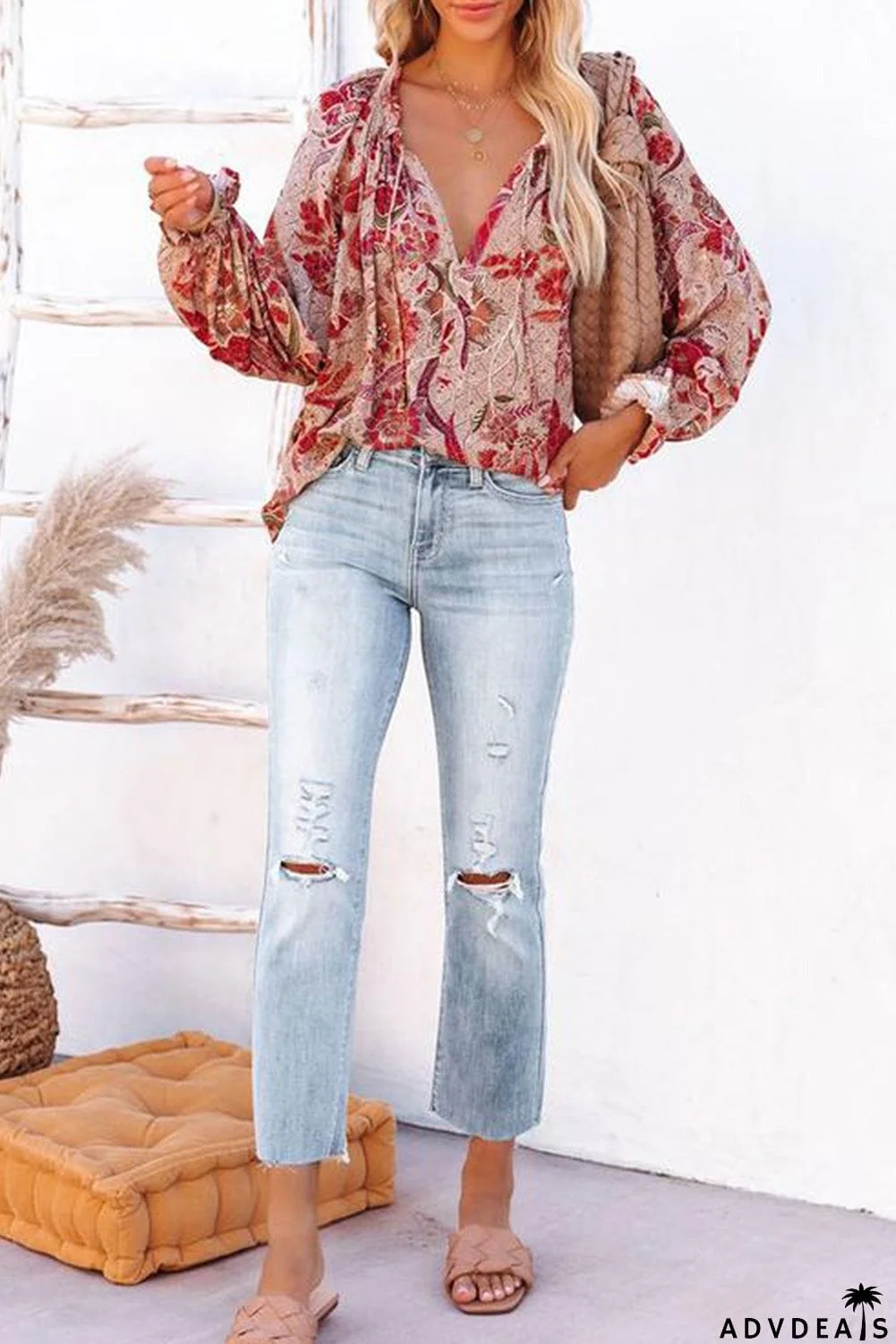 Split V Neck Printed Blouse