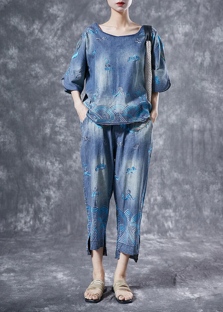 Modern Light Blue O-Neck Embroideried Denim Two Piece Suit Set Summer