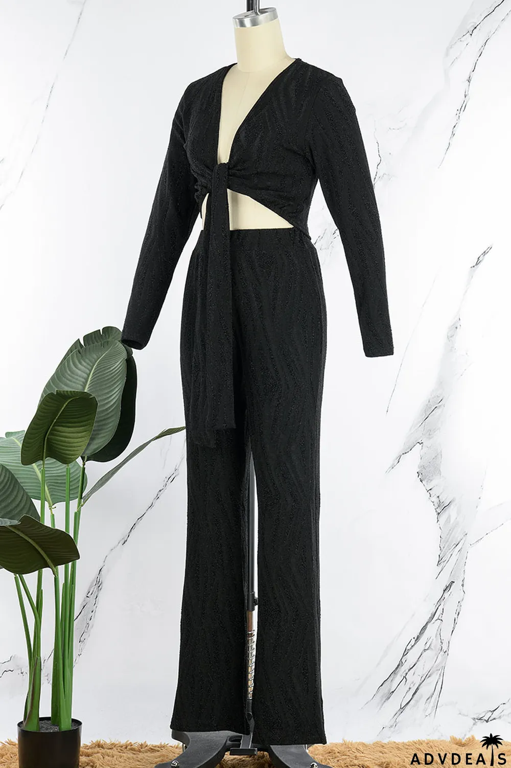 Black Sexy Print Bandage Patchwork V Neck Long Sleeve Two Pieces