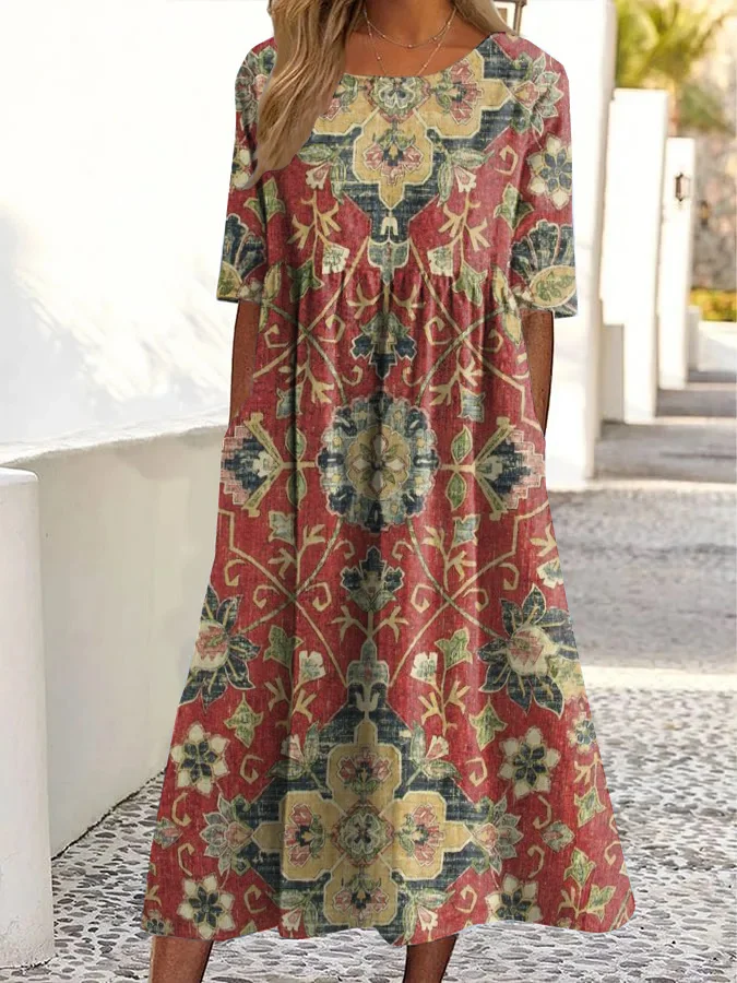 Vintage Ethnic Floral Print Round Neck Pocket Midi Dress