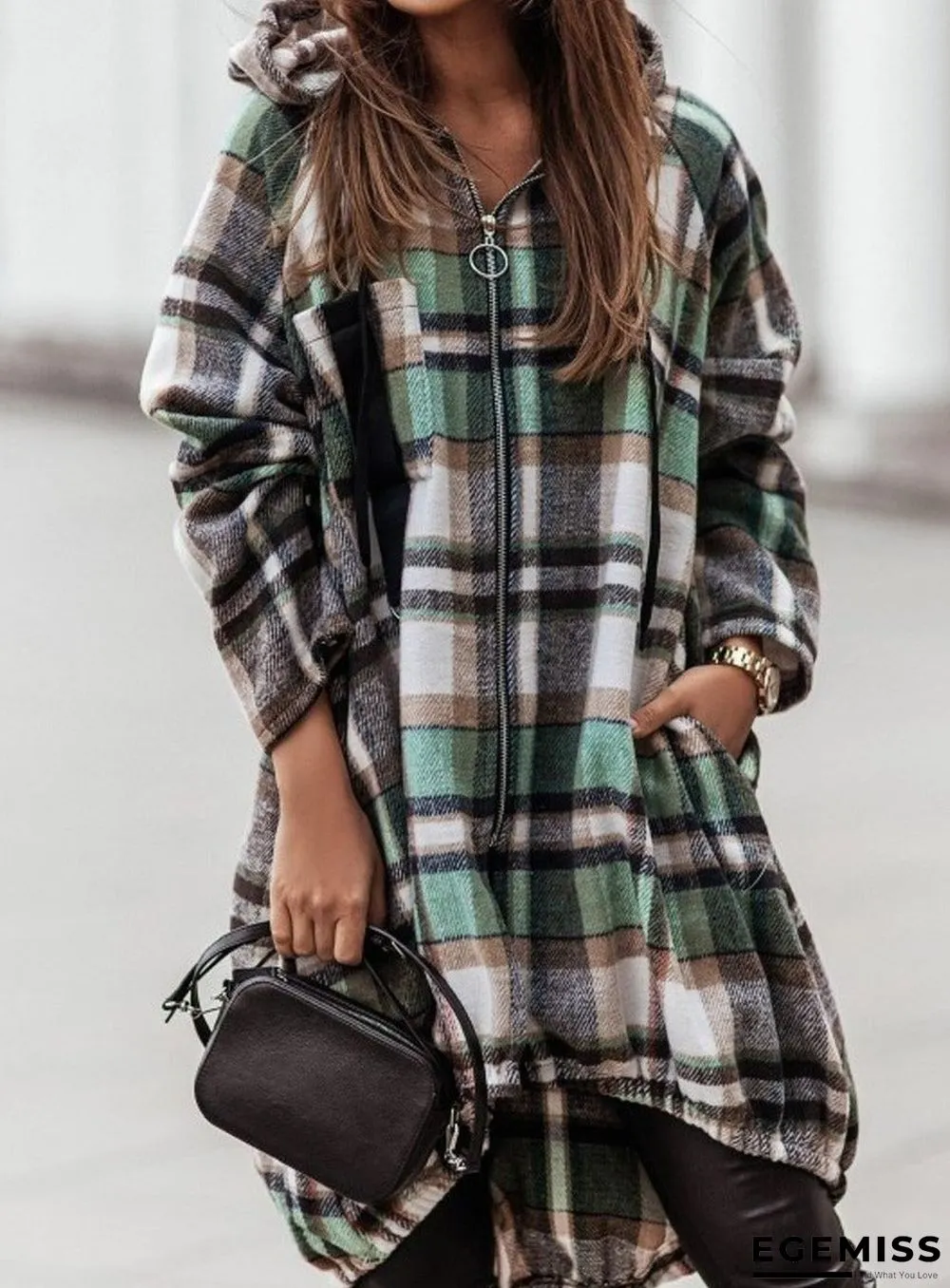 Casual Plaid Zip Long Sleeve Hooded Outerwear | EGEMISS