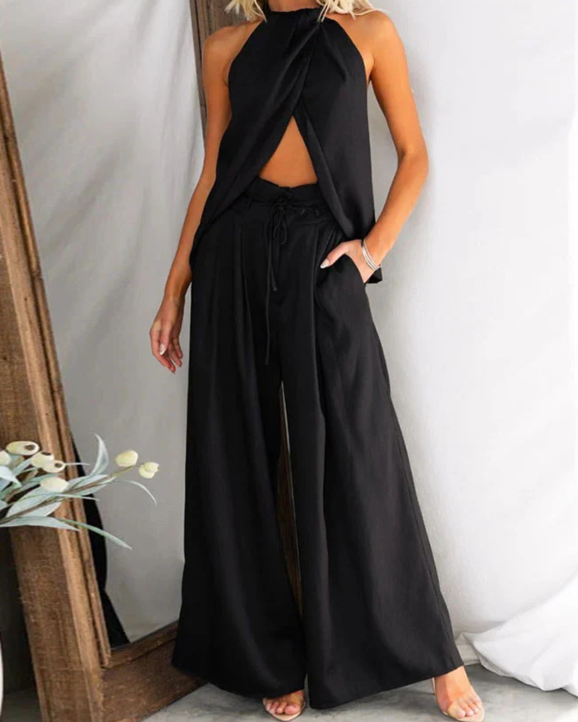 Elegant Halter Vest Top and Wide-Leg Pants Set
