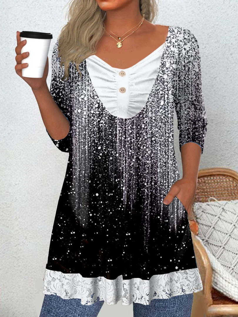 Women's Long Sleeve V-neck Graphic Lace Buttons Tops