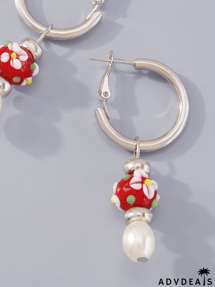 Flower Detail Bead & Faux Pearl Drop Earrings