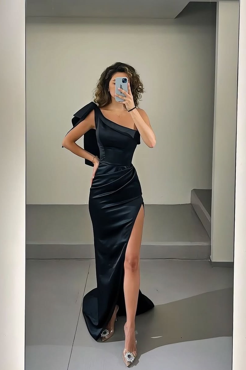 Ovlias Gorgeous Black Asymmetric Pleated Split Draped Prom Dress LY0521