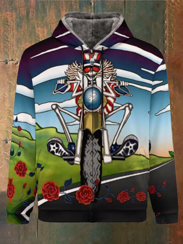 Unisex Skull Print Double Layer Fleece Zip-Up Hooded Jacket