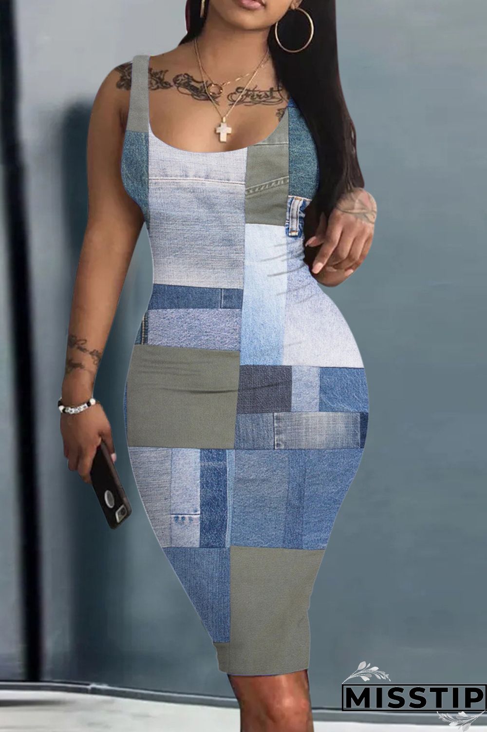 Ink Green Casual Print Basic U Neck Vest Dress Dresses