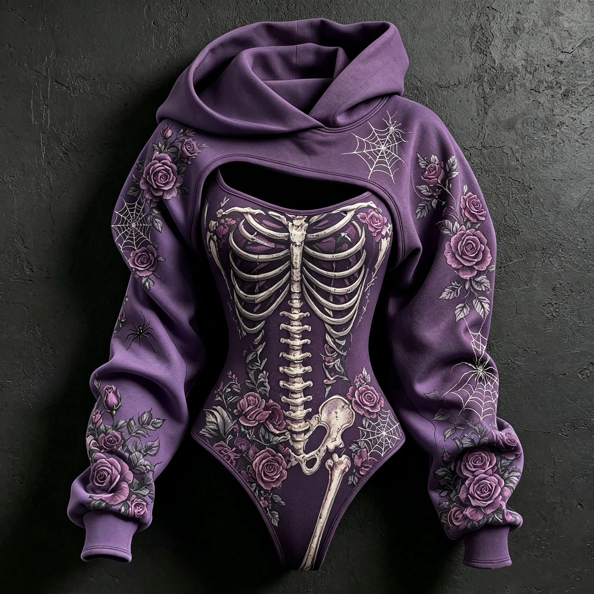 Women's Halloween Rose Skeleton Spider Web Hoodie Two-piece Set artswardrobe