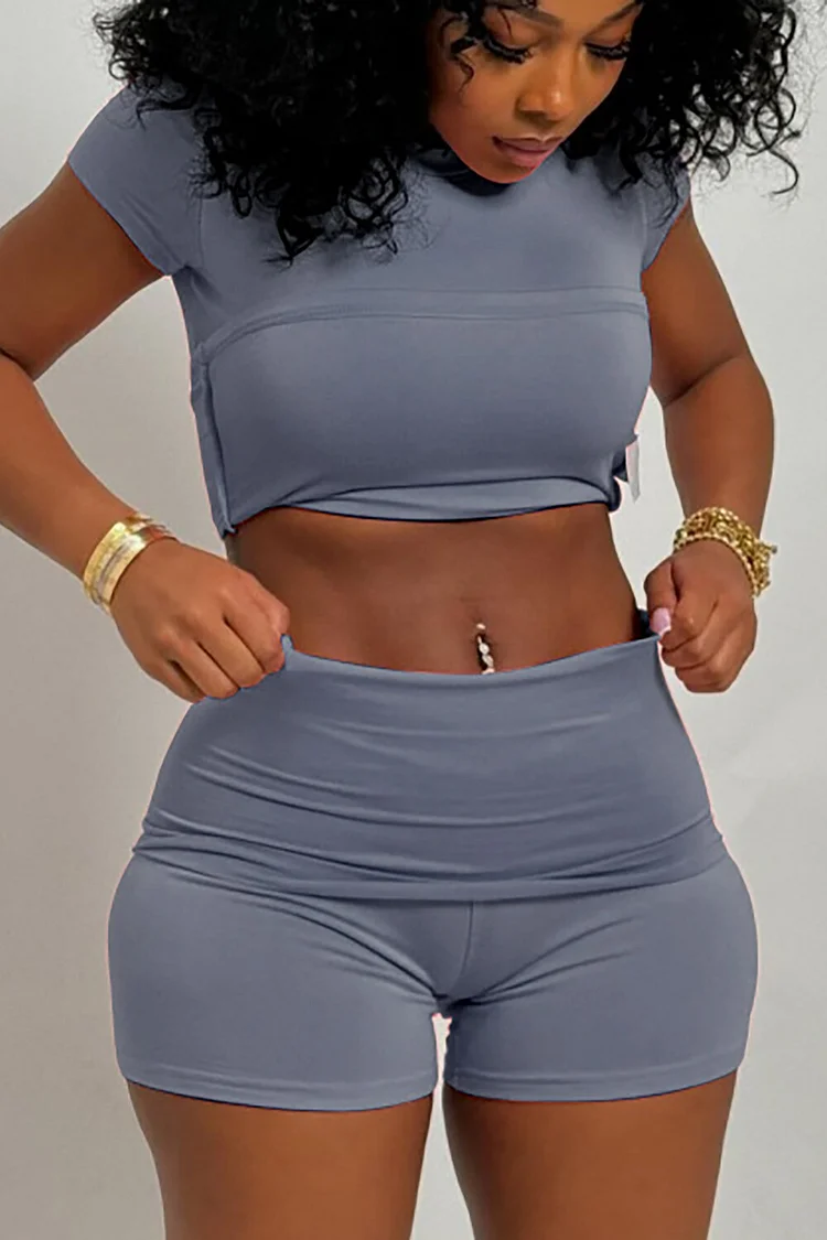 Solid Color Short Sleeve T-shirt Slim Fit Shorts Matching Set-Blue