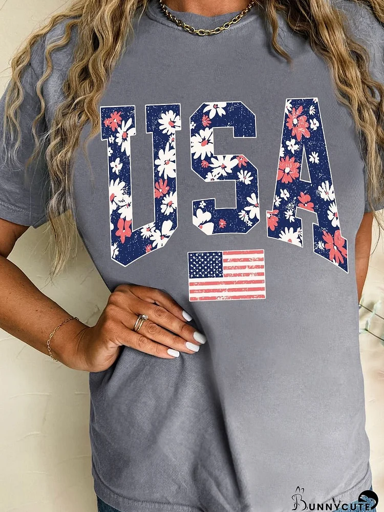 Blooming Flowers USA Flag Graphic Tee for Women