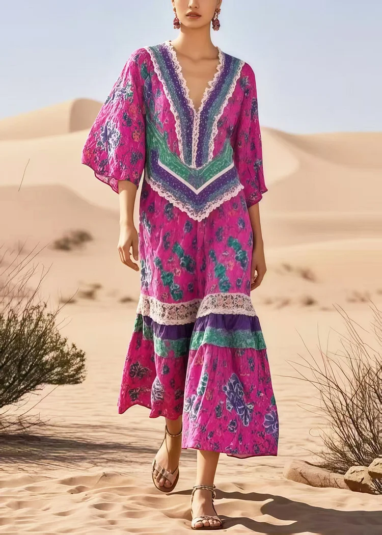 Plus Size Rose Print Patchwork Cotton Vacation Dresses Summer