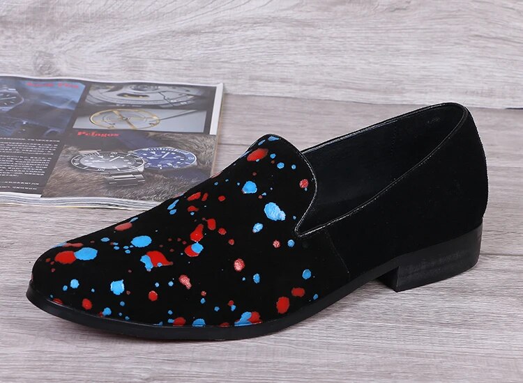 VCSHOES Personalized Colour Scrawl Man Suede Leather Loafers Shoes Nightclub Party Men's Smoking Slippers Shoes