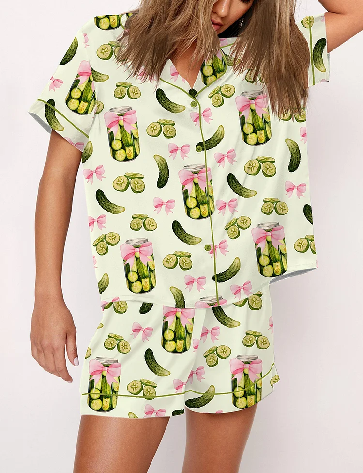 Women’s Pickles Coquette Cute Bow Pickle Jar Print Short Sleeve Satin Pajama Set