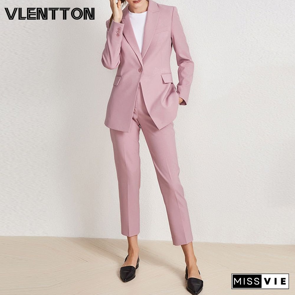 Spring Pink Blue Ol Two Piece Set Women Single Button Office Lady Blazer Jacket Coat+Zipper Pants Suit Female Trousers Tops