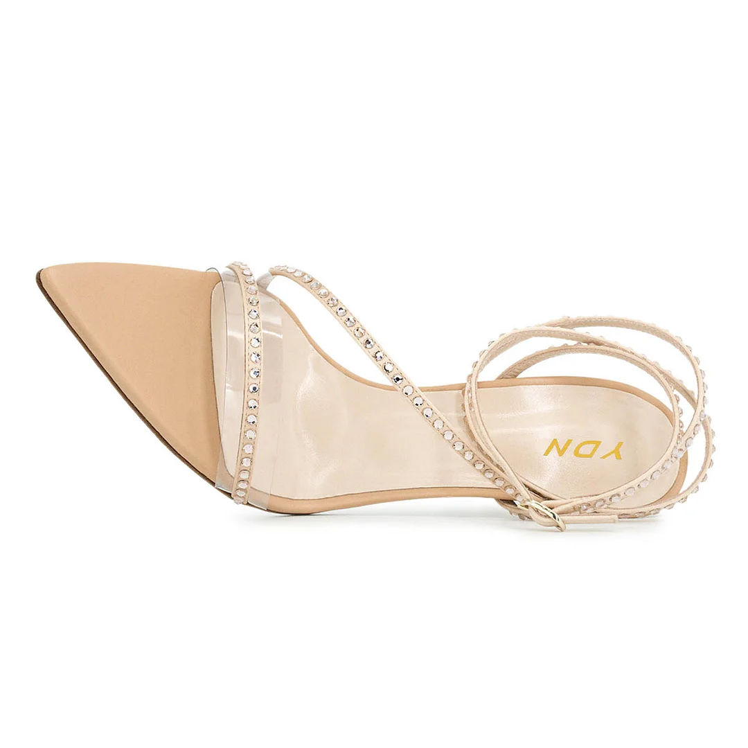 Open-Toe Rhinestone Studded Strappy High-Heel Sandals in Nude