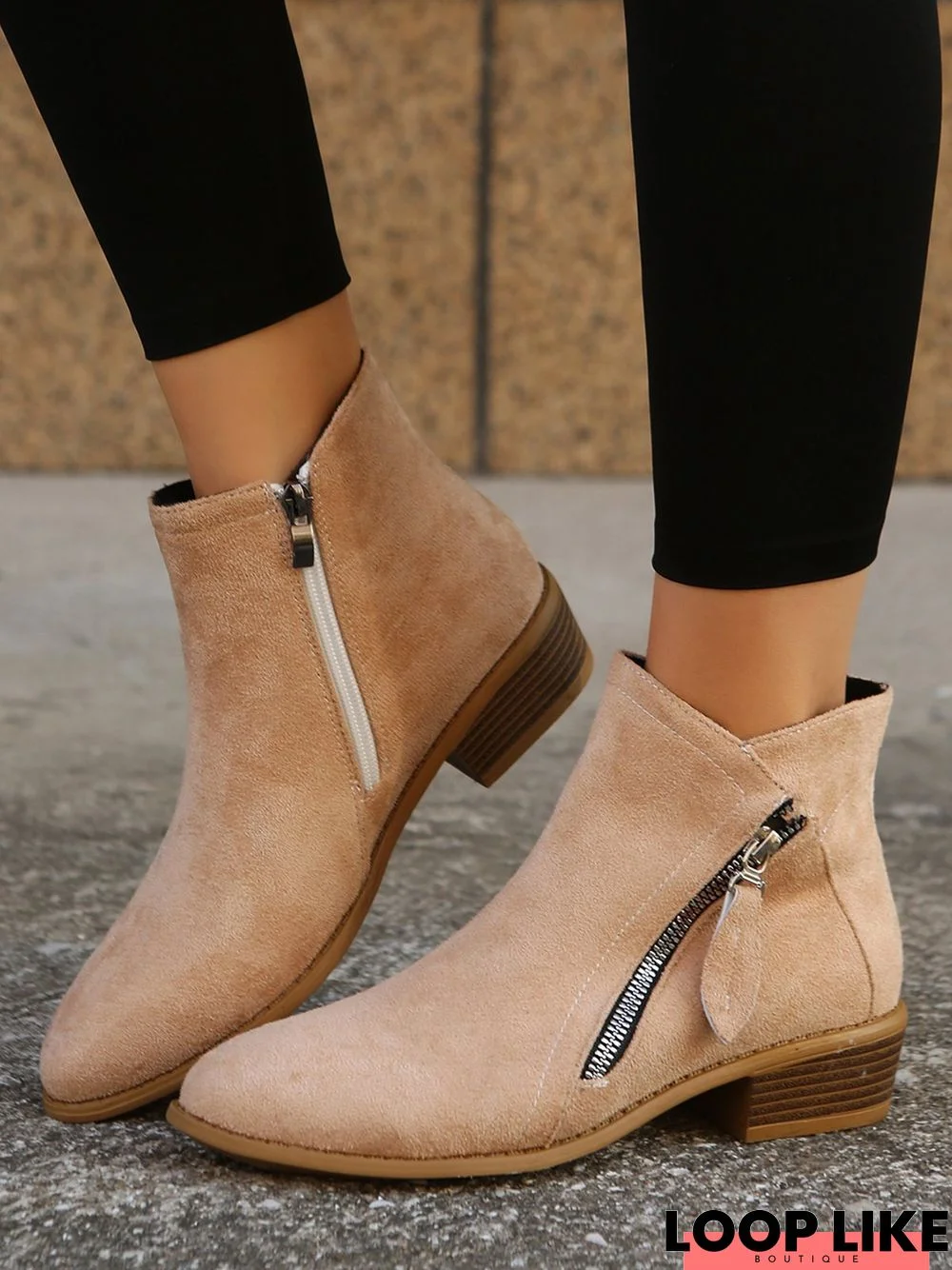 Khaki Suede Side Zipper Casual Ankle Boots