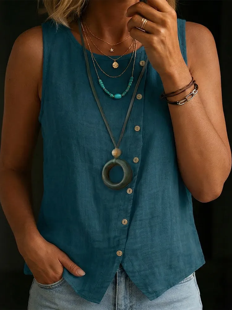Women's Sleeveless Button-up Cotton Linen Top