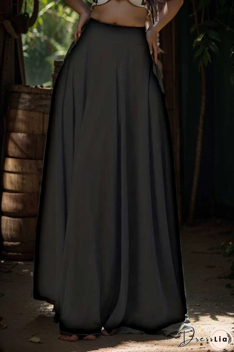 casual pleated pockets high waist loose maxi dress