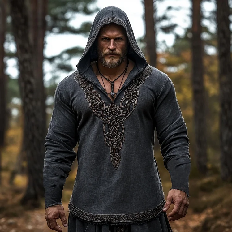 Men's Viking Celtic Knot Embroidered Linen Hooded Shirt
