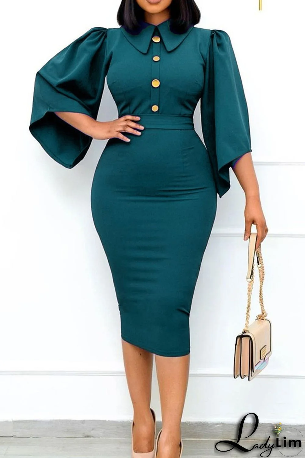 Green Fashion Casual Solid Split Joint Turndown Collar Pencil Skirt Dresses