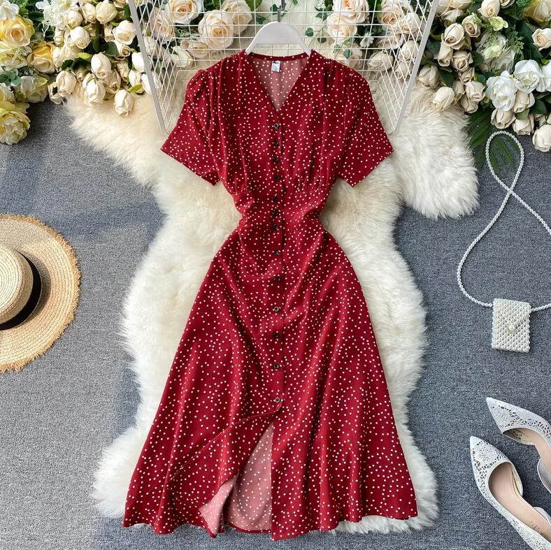 Vintage Polka dot print Chiffon Dress Women 2020 Summer V-neck Single-breasted Short sleeve Dresses Casual Vestidos Mujer