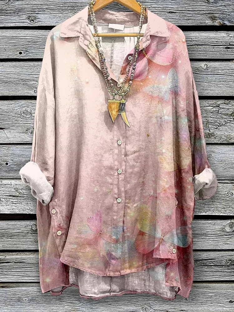 Women's Pretty Butterfly Print Casual Cotton And Linen Shirt