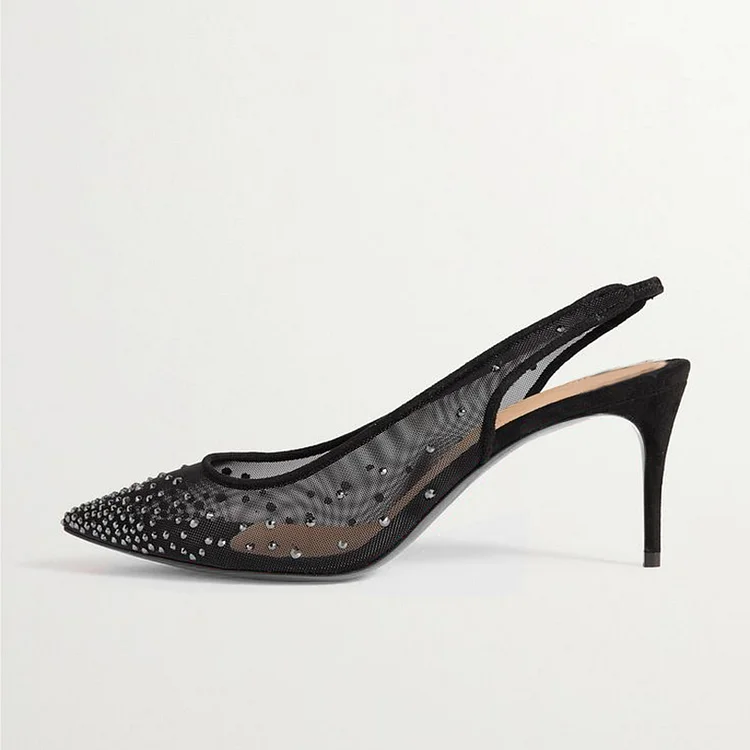 Black Transparent Shoes Pointed Toe Kitten Heel Slingback Studs Pumps |FSJ Shoes