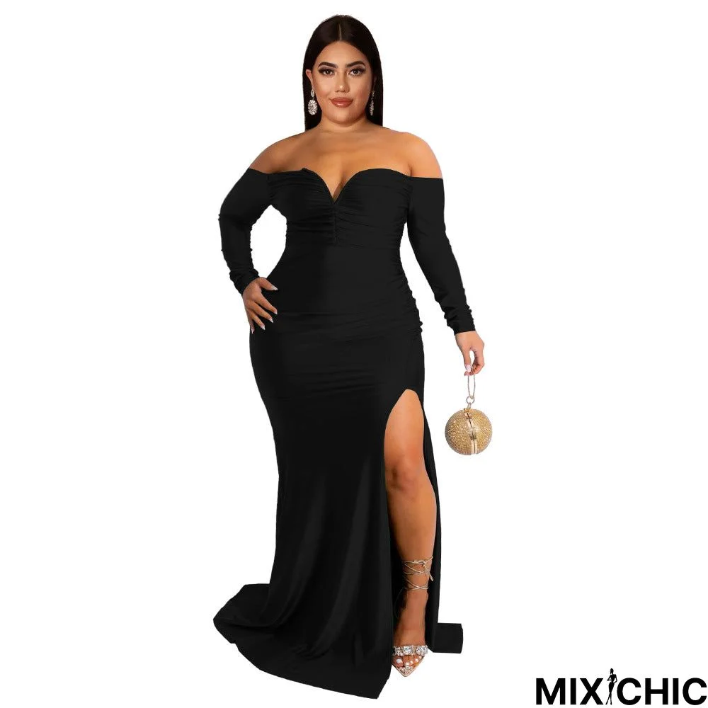 Large Size Null Women's Sexy Nightclub V-neck Formal Pure Color Long Dress