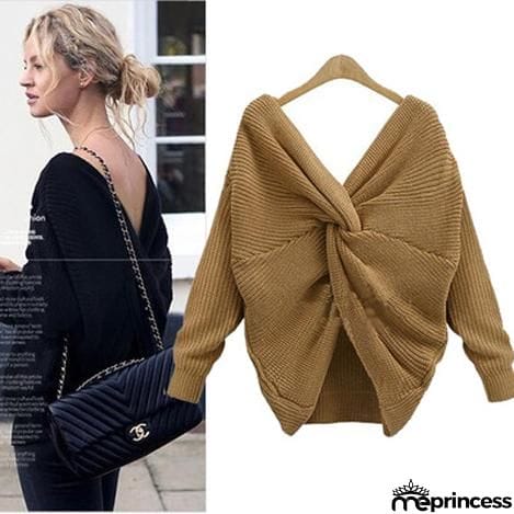 Tie Deep V Neck Pullover Knitted Sweater