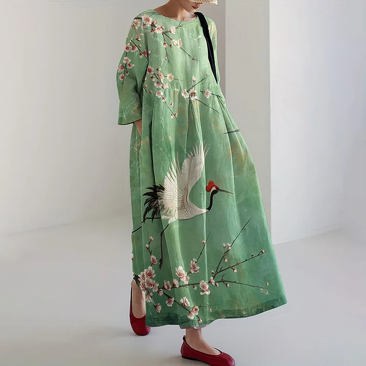 Comstylish Flowers and Birds Printed Loose Midi Dress